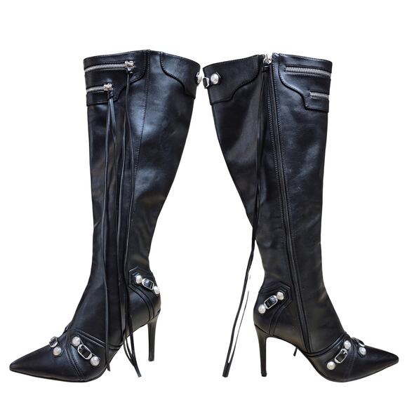 Azalea Wang Maeve Black Tassel Studded Stiletto Tall Boots Shoes Women's 9 - Picture 1 of 6